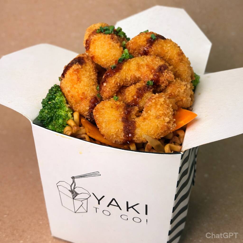 Camarão empanado na Farinha panko, yakisoba, brócolis, cenoura, cebola e nosso delicioso molho tradicional