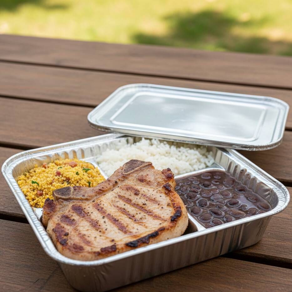 Bisteca com Farofa , arroz e feijão "Foto ilustrativa"