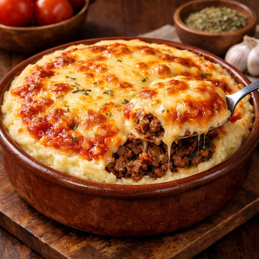 Uma camada farta de purê de batata cremoso, preparado com leite, margarina e batatas bem cozidas. No centro, carne suculenta refogada lentamente com alho, cebola, tempero baiano e chimi churri, entregando sabor intenso e textura firme e agradável. Coberto por mais uma camada de purê e finalizado com molho de tomate e mussarela derretida, formando um prato encorpado, equilibrado e extremamente satisfatório. Acompanha arroz, e feijão opcionalmente.