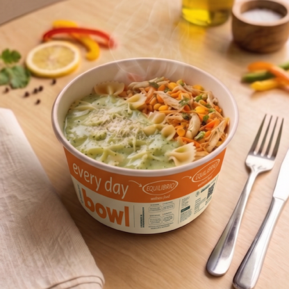 **nossos produtos são congelados. Massa Farfalle italiana, envolvido em um molho bechamel cremoso e saboroso. Com frango desfiado suculento e legumes que trazem leveza ao prato. Cremoso, equilibrado e no flow certo pra qualquer momento. 30g de proteína Linha Every Day É o equilíbrio acompanhando sua rotina Receitas com 25 a 40g de proteína