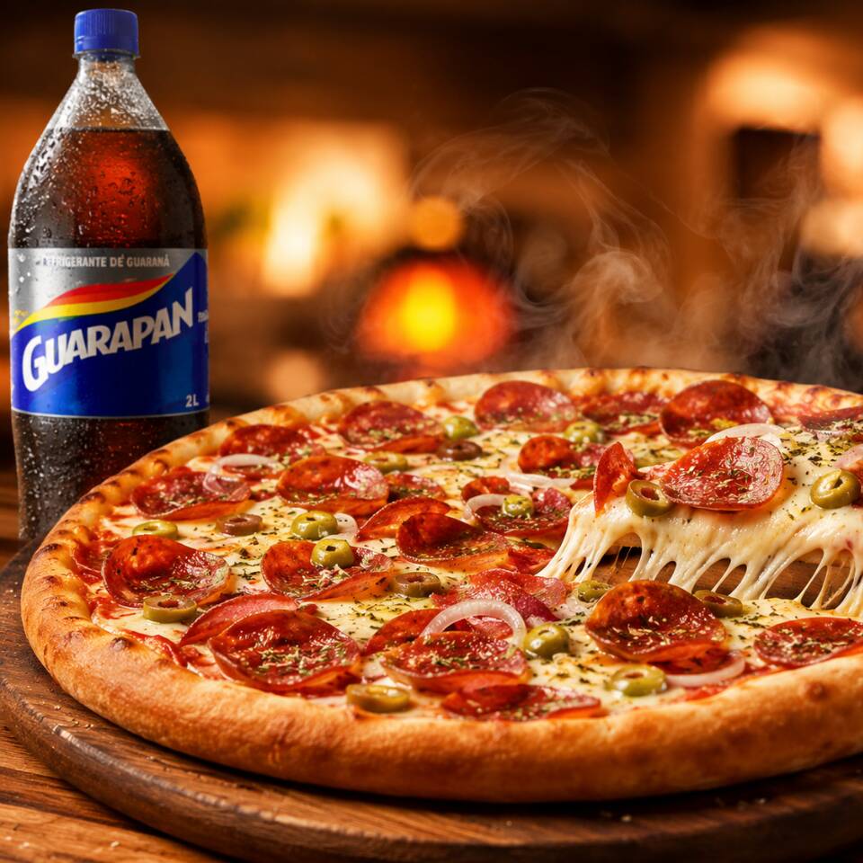 Contem: 01 Pizza GG (10 fatias) sabor Calabressa (molho,mussarela,calabresa,cebola,azeitona e orégano).01 Refr. de 2l (o sabor que estiver disponivel)).
