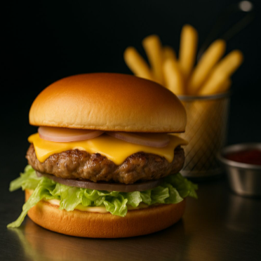 Pão brioche. alface americana, cebola roxa, molho de churrasco e 2 fatias de cheddar