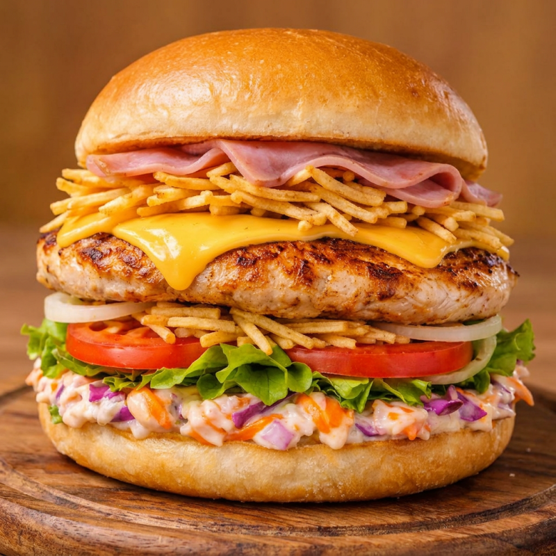 Pão Bola, Frango, Queijo, Presunto, Batata Palha, Salada Crua E Salada Cremosa