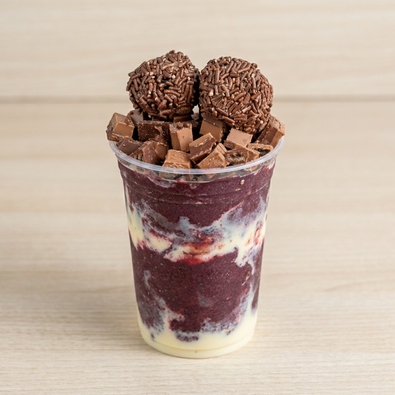 Açaí, leite condensado, leite Ninho, kit kat, brigadeiro.