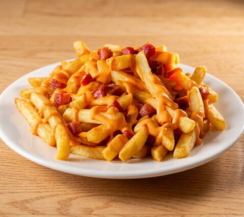 Deliciosa Batata Frita 500g, acompanhada de cheddar cremoso e bacon em cubos!