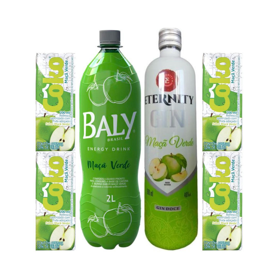 Garrafa de Gin Eternity Maçã Verde 900ml, Baly 2L, 4 Gelos, 4 Copos de 770ml