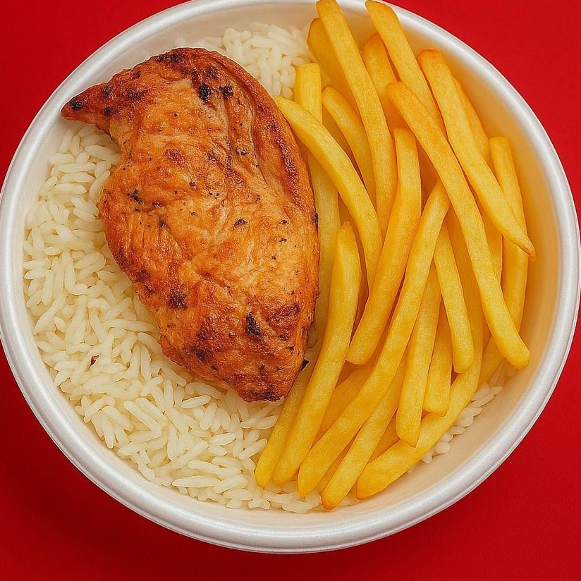 Filé de frango grelhado suculento, acompanhado de arroz branco soltinho, feijão preto bem temperado e batata frita. Ideal pra matar a fome com gosto.