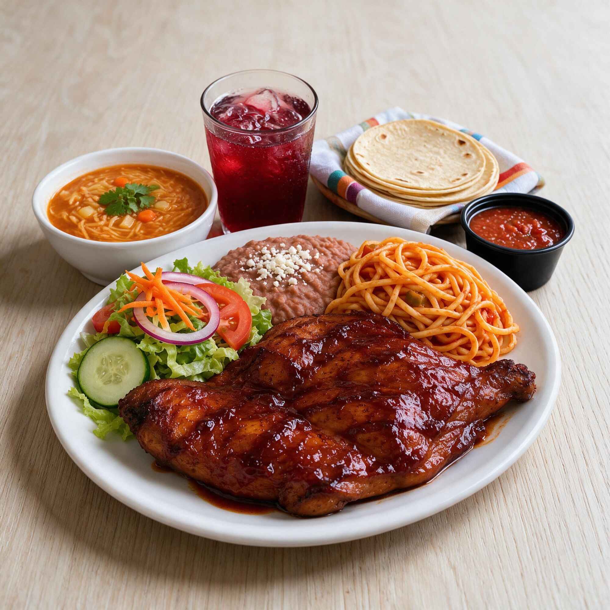 Comida Corrida con muslo salsa BBQ o mango haba