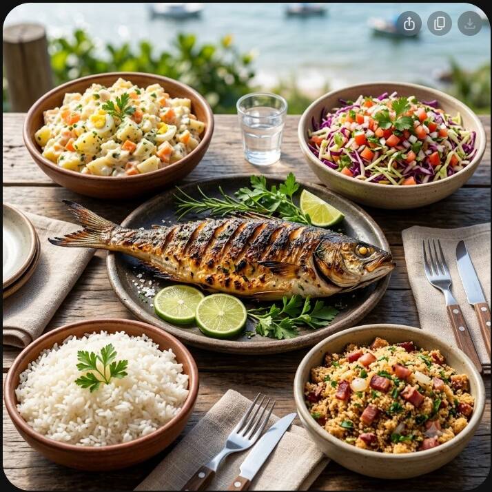 1 PEIXE ASSADO(APROXIMADAMENTE DE 800 GRAMAS A 1.5 KILO E MEIO)
500G DE MAIONESE
500G DE VINAGRETE DE REPOLHO COM TOMATE
500G DE AROZ E FAROFA TEMPERADA