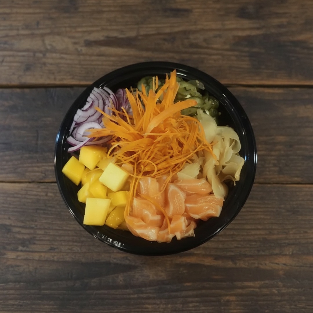 Arroz, Salmão, Gengibre, Cenoura, Cebola Roxa, Sunomono e Manga.