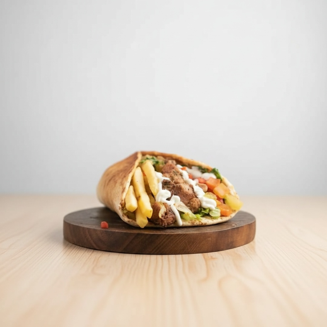 Descubra a sensacional experiência do nosso Shawarma, categoria 'Carne'. Este prato robusto é envolto em uma camada de pão sírio macio e leve. Em seu interior, encontra-se uma generosa porção de carne suculenta, meticulosamente temperada. Acompanha uma irresistível camada de creme de alho, que adiciona um sabor rico e cremoso. As batatas fritas crocantes inseridas dão um toque especial, enquanto os tomates frescos e a alface crocante proporcionam um saboroso contraste. Para completar, a cebola roxa acrescenta uma pitada de intensidade. Uma verdadeira explosão de sabores em cada mordida!