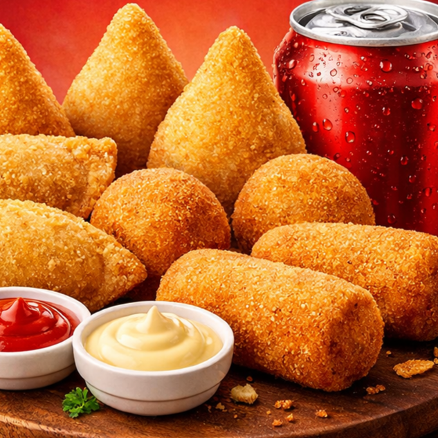 5 mini salgados fritos sortidos 20g + refrigerante pitchulinha