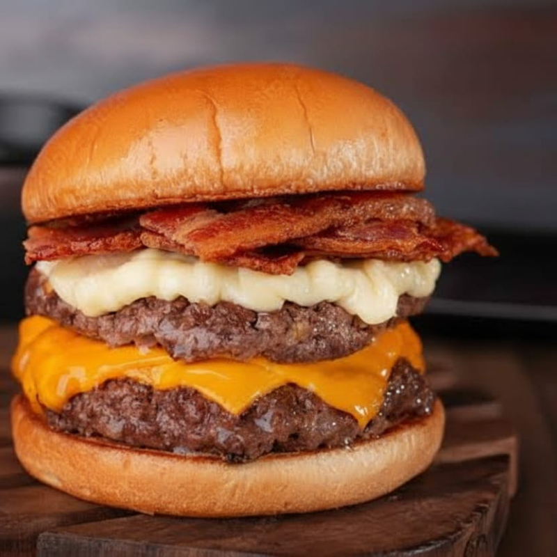 O Pão brioche macio da maná selado na manteiga com hamburguer de 100g , (sem alface), bacon crocante , queijo cheddar e molho especial de cream cheese e entrega gratis