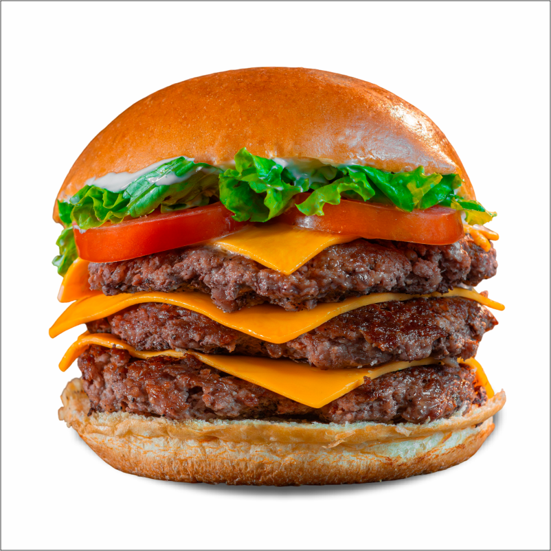 Pão de brioche, maionese Hakuna, cheddar fatiado e triplo burguer smash 70g.