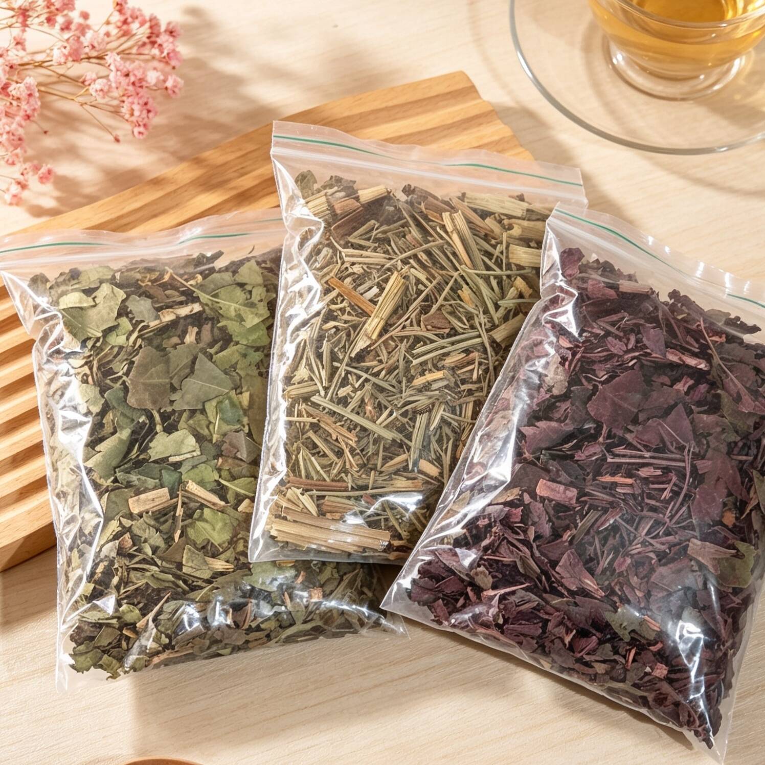 100gr de chá verde, 100gr de cavalinha e 100gr de hibiscus.