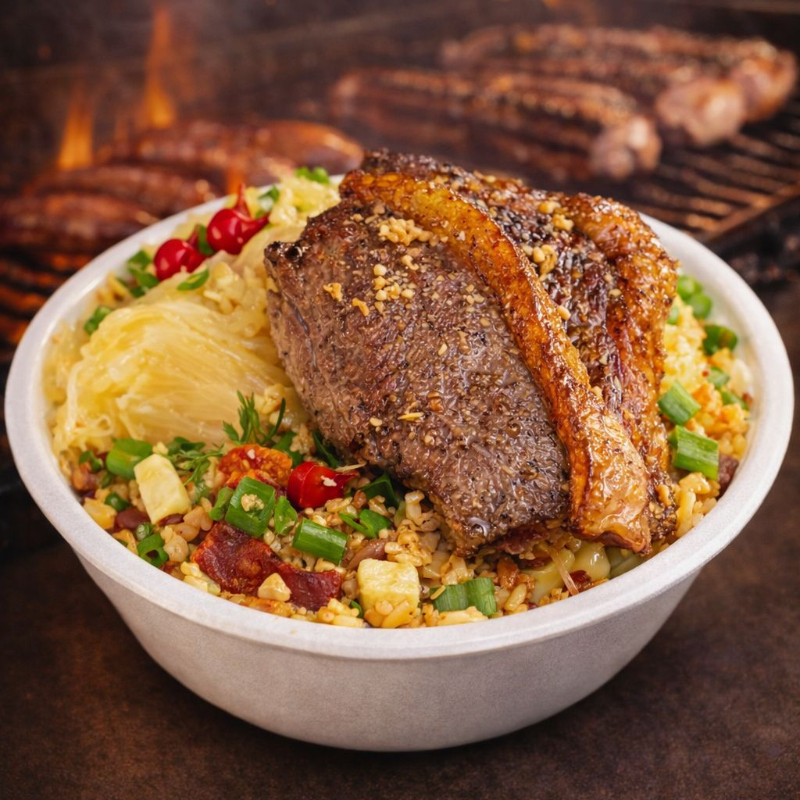 Nosso Delicioso Baião De Dois, É Feito Com Linguiça Defumada sadia, Cebola, Arroz, Feijão De Corda Legitimo, queijo coalho, Regado Com Manteiga De Garrafa Pra Deixar Aquele Sabor Inconfudivel, Tempero Baiano, Coloral E Salsinha. Acompanha Mandioca Frita Na Manteiga, e um suculento bife de Picanha grelhada. Finalizado Com Cebolinha, Pimenta Biquinho e alho frito.