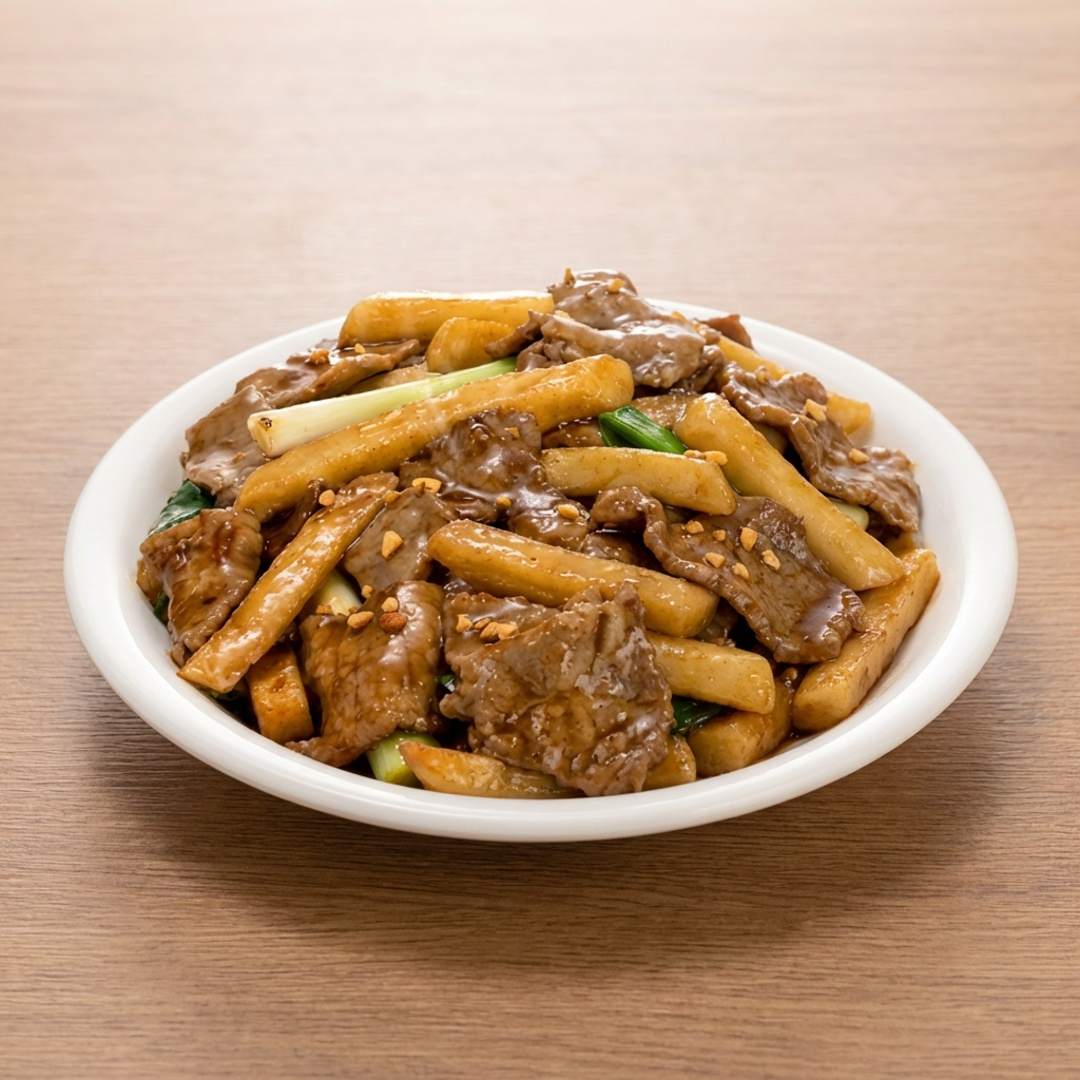 Fatias de carne com batatas palito e cebolinha com o nosso molho exclusivo à base de shoyu, gengibre e alho.