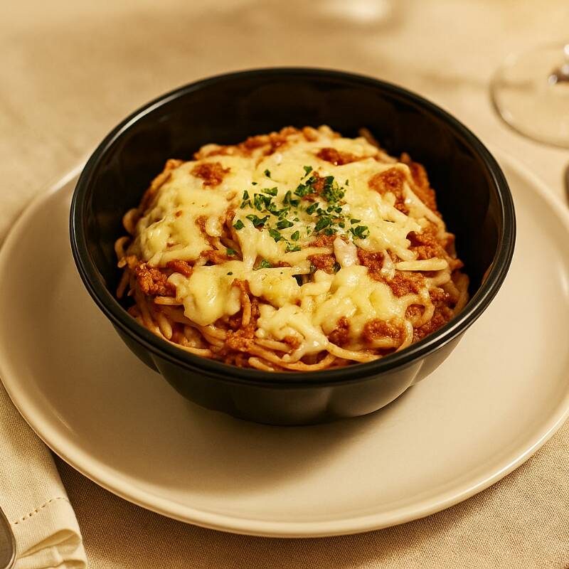 Macarrão à Bolonhesa Massa cozida no ponto certo com nosso molho bolonhesa artesanal, feito com carne moída refogada, tomate fresco e temperos que derretem na boca. Um clássico que conquista a cada garfada! 550gr