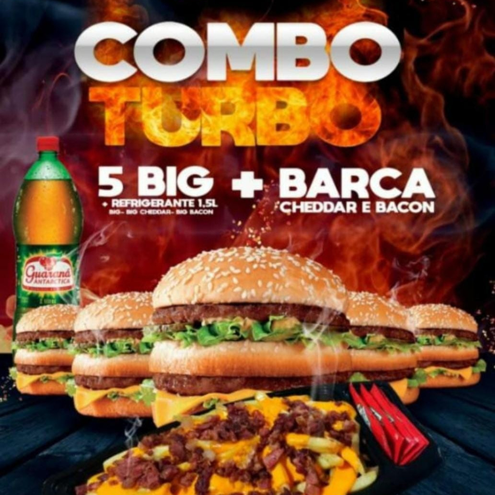 5 lanches + barca de batata com cheddar e bacon + refrigerante de 1,5L (conforme disponibilidade do restaurante).