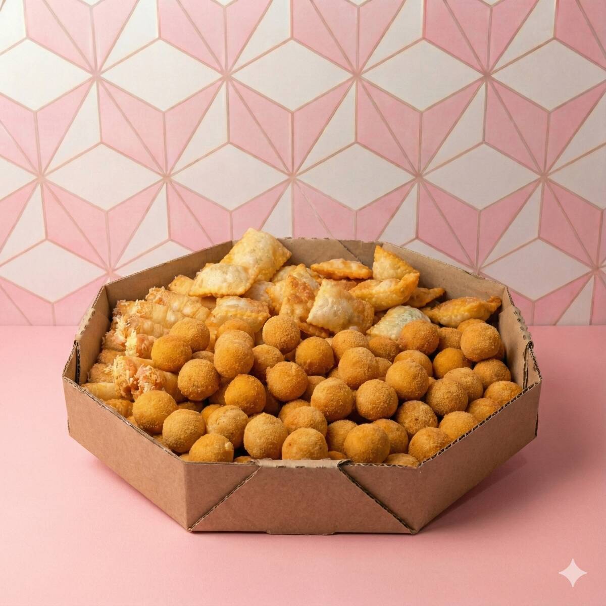 Fritos na hora para chegar quentinho! Cento de salgados artesanais com massa leve e muito recheio. O kit inclui um mix delicioso de: Coxinha, Bolinha de Queijo, Sabor Pizza, Canudo e Pastel. Perfeito para aniversários, reuniões ou aquele lanche reforçado com a família.