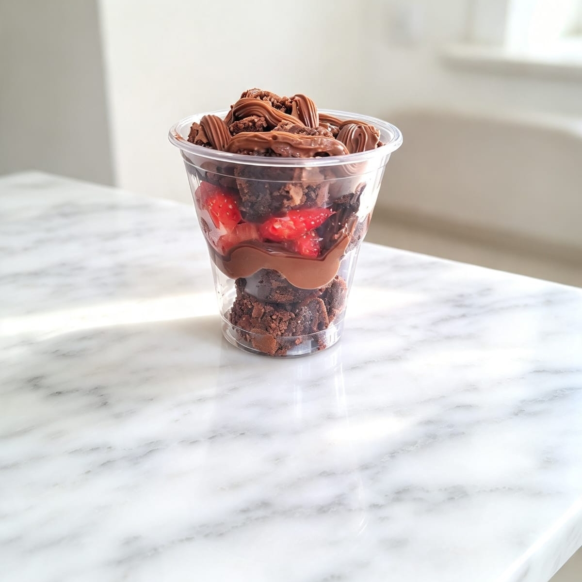 Brownie em cubos, morango e nutella