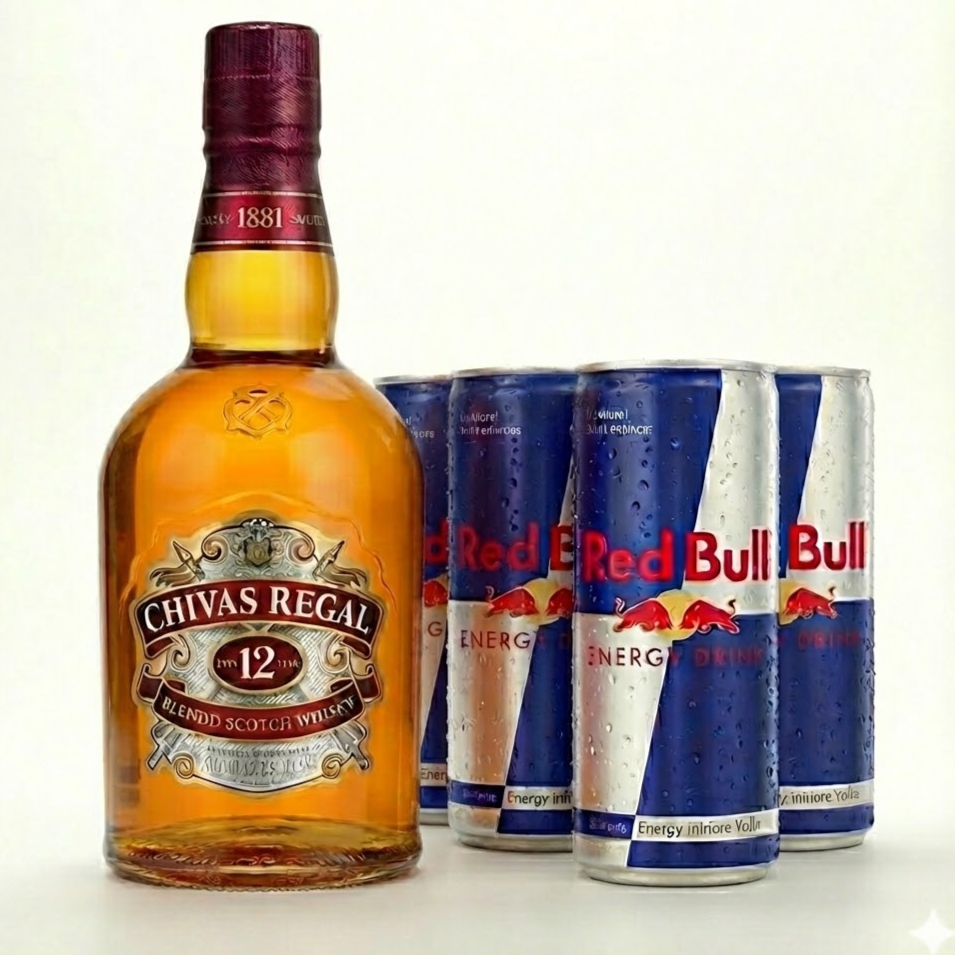 Chivas Regal Completo – Com 4 Red Bulls e 4 Gelos Descrição: Combo para chegar gelando na sua casa. 1x Whisky Chivas Regal 1L (Original) 4x Red Bull (Escolha os sabores nos complementos) 4x Gelo de Sabor (Escolha os sabores nos complementos) Selecione as opções abaixo e finalize seu pedido!