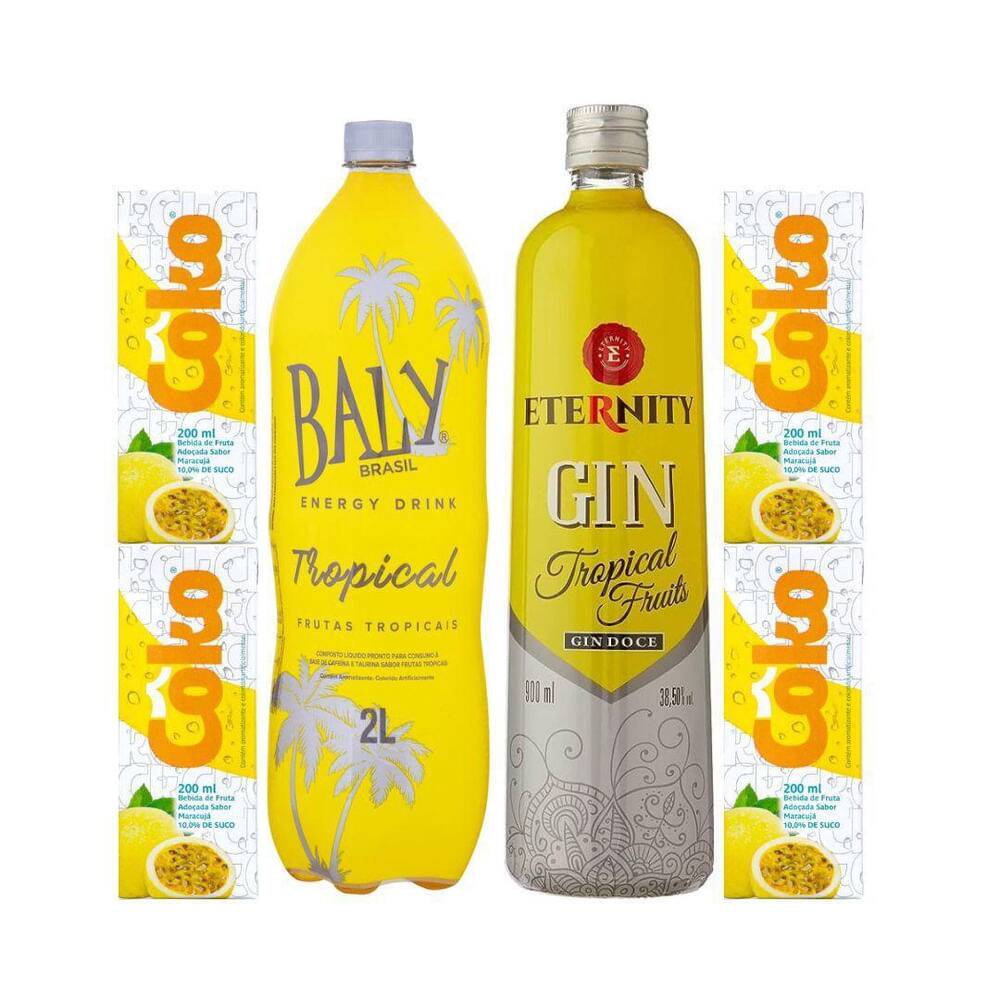 Garrafa de Gin Eternity Tropical 900ml, Garrafa de Baly 2L, 4 Gelos, 4 Copos 770ml