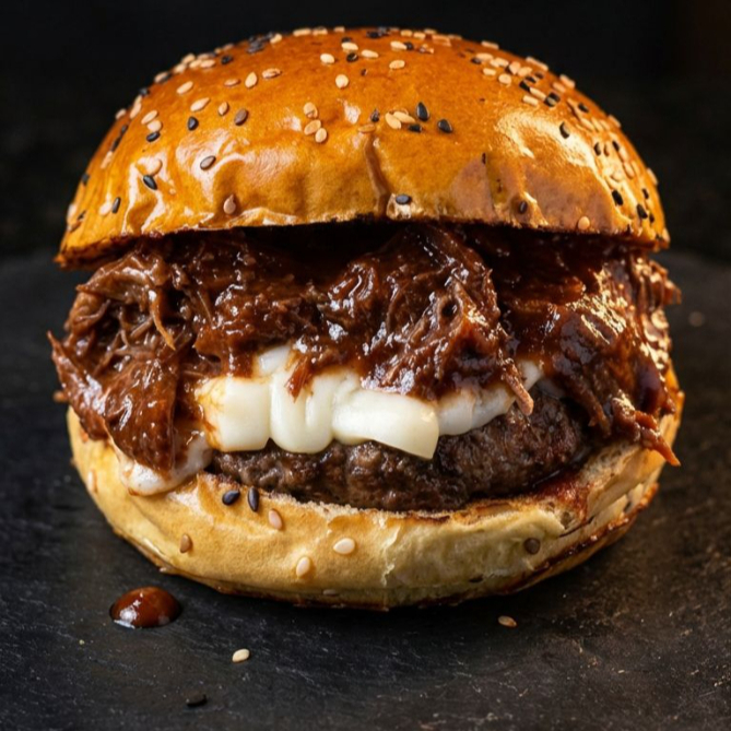 Um delicioso pão gergelim supremo selado, suculento blend 160g, Catupiry Original, costelinha desfiada e barbecue