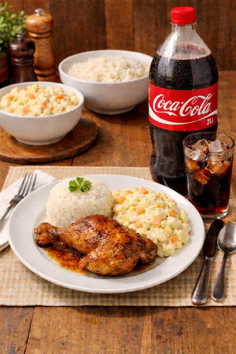 Frango assado no padrão FRANGÃO + Maionese de batata com raspas de cenoura e HELLMMANN`S 400g+ arroz de 600g + Coca Coca 2 litros
