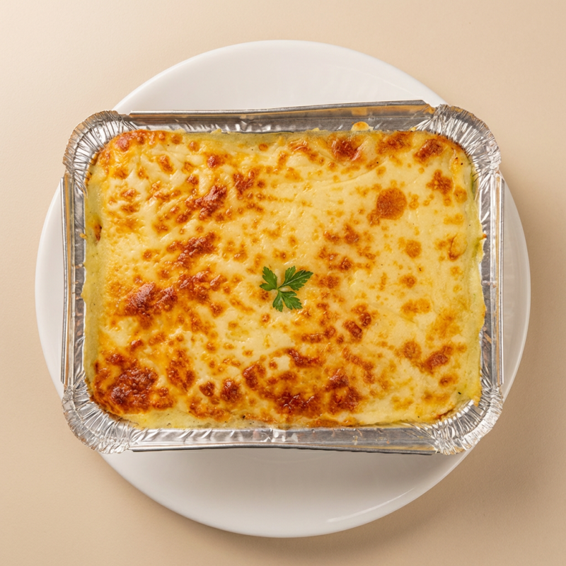 Purê de mandioca com recheio de frango com bacon , coberto com mussarela gratinada e Catupiry, acompanha arroz branco e batata frita