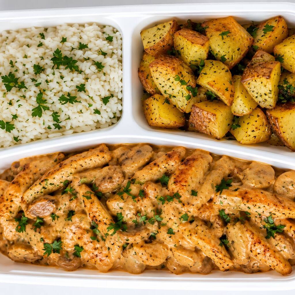 130 g de frango, 120 g de arroz, 100 g de batata assada e 60 g de molho de strogonoff. Uma versão mais leve e saborosa de um clássico. ≈ 520 kcal | ≈ 42 g de proteína.