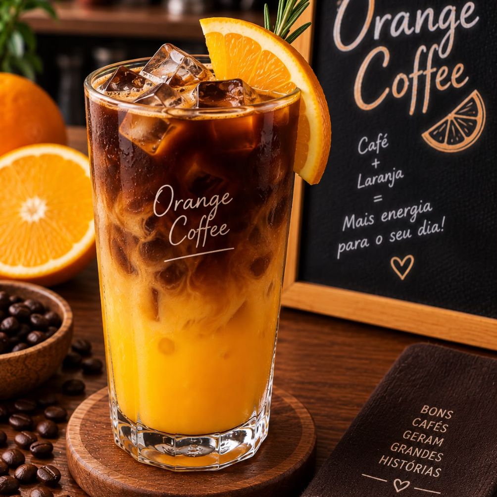 Espresso, suco de laranja e gelo