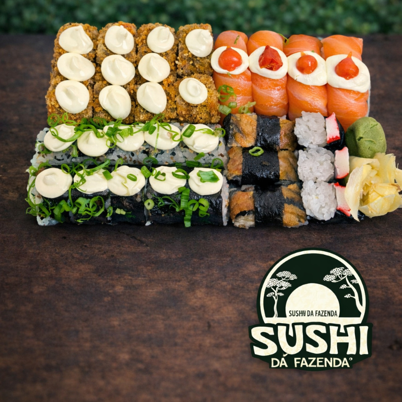 10 hossomaki skin cream chesse e cebolinha 10 uramaki salmão grelhado cream cheese e 3 sushi kani 3 sushi skin 4 sushi salmão cream cheese e pimenta biquinho,(10 hot pate de salmão grelhado com cream chesse ) KIT DE MOLHO:04 molho shoyu,01 teriaki da casa,02 hashi .