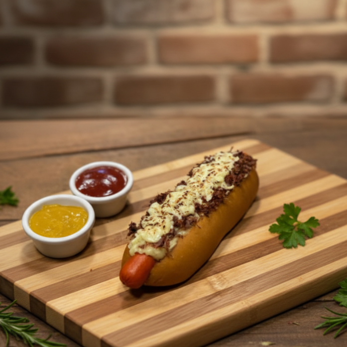 2 salsichas, maionese, purê, carne seca e queijo gratinado.