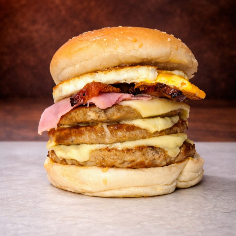 Pão, 3 carnes com queijo, presunto, bacon, cheddar e ovo + Molhos viagem
