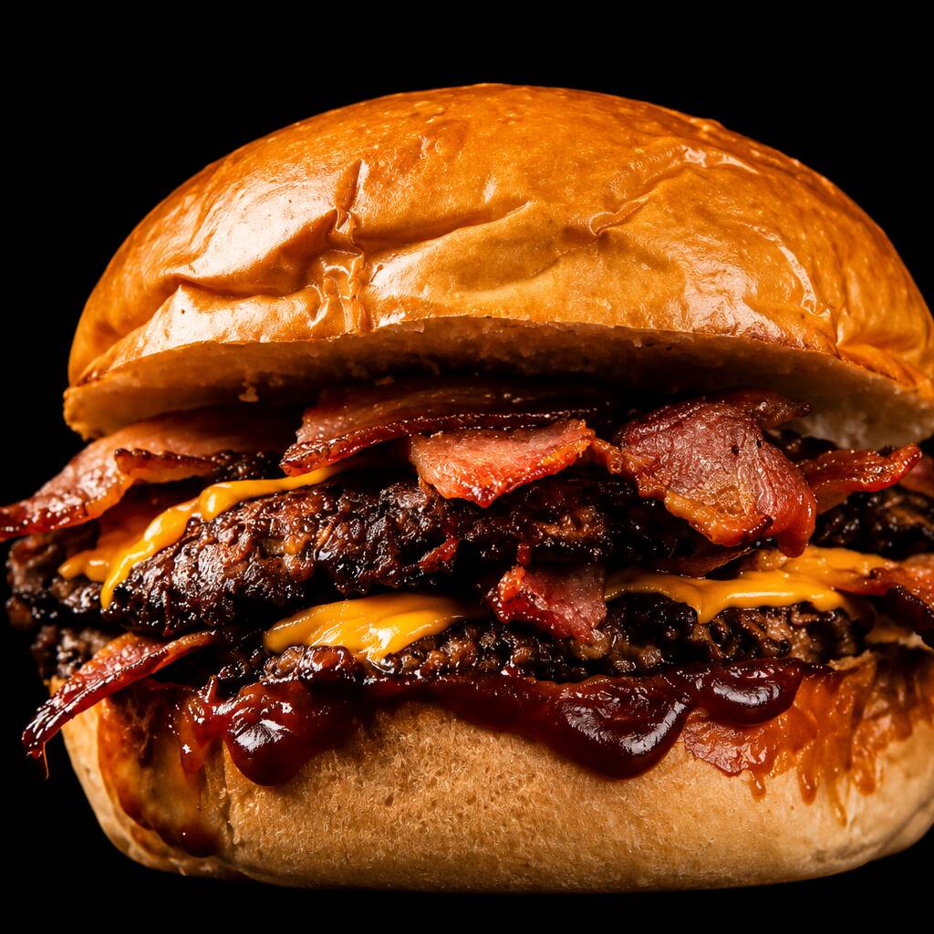 LEVA UM DELICIOSO PÃO FRESCO, 2 HAMBÚGUER DE 120G CADA, QUEIJO CHEDDAR E BACON + 1 MOLHO GRATIS.