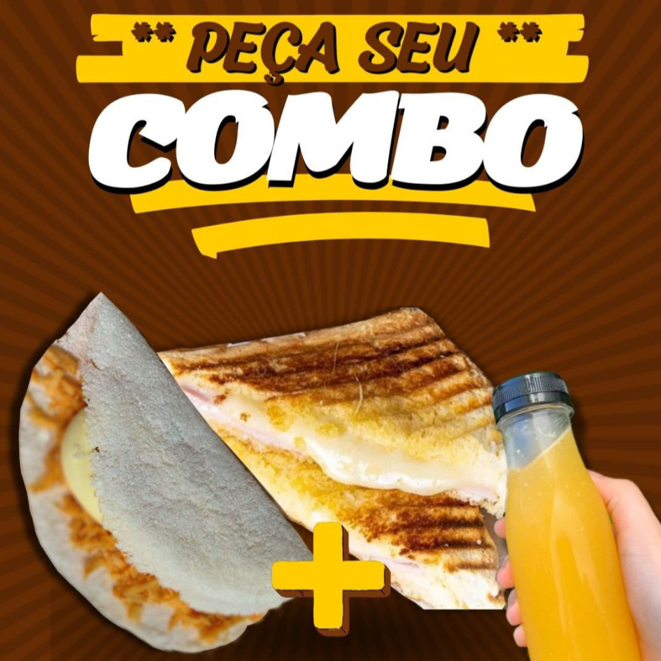 01 tapioca recheada com frango desfiado e catupiry + 01 misto de queijo e presunto + 1 suco de maracujá