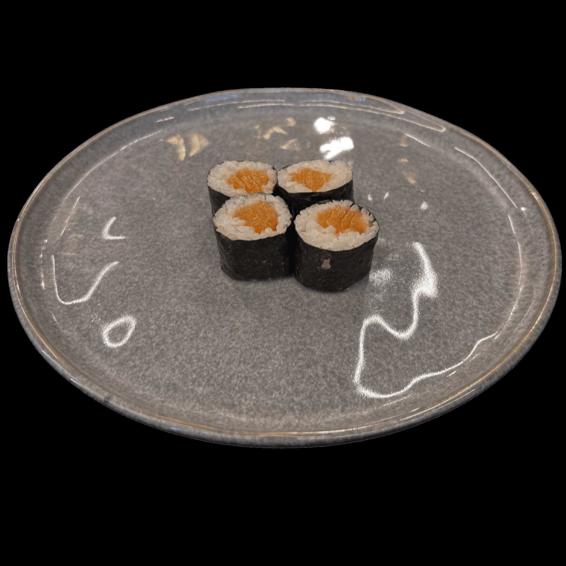 Sushi tradicional composto por alga nori, arroz e recheio de salmão fresco.