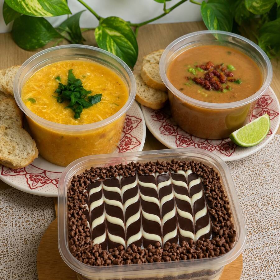 Combo Especial – 2 Caldos 500ml + Pavê 250g
Uma combinação perfeita para quem busca uma refeição completa, saborosa e reconfortante. O combo inclui **2 caldos de 500ml cada**, servidos bem quentinhos, cremosos e preparados com ingredientes selecionados, garantindo muito sabor e aconchego em cada colherada.
Para finalizar, um delicioso **pavê artesanal de 250g**, com camadas cremosas e textura equilibrada, trazendo o toque doce ideal para encerrar a experiência com chave de ouro.
Um combo completo, generoso e irresistível para qualquer momento do dia.