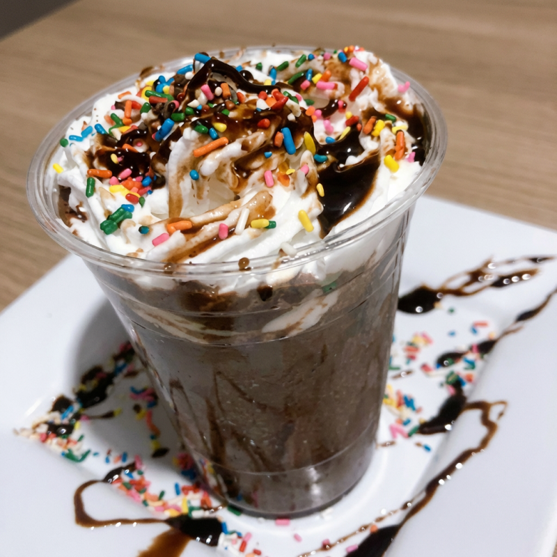 Batido com Cacau 100%. Finalizado com chantilly de leite de coco.