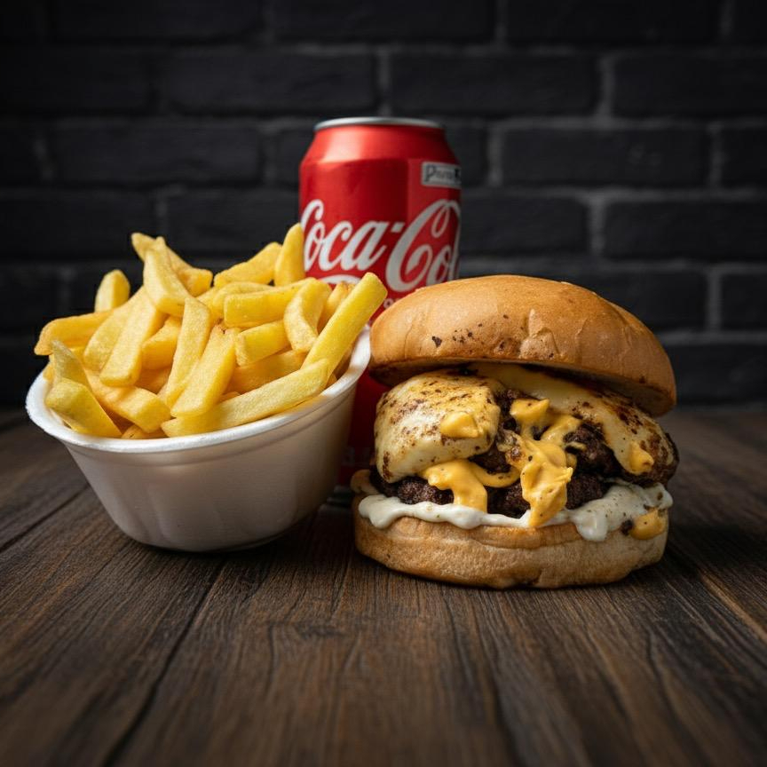 Pão Assado na Chapa, 2 Blends de 100g, Recheado de Creme América, Queijo Coalho e a Nossa Maionese Artesanal, Batata Frita 200g e a Coca-Cola de 350ml Grátis