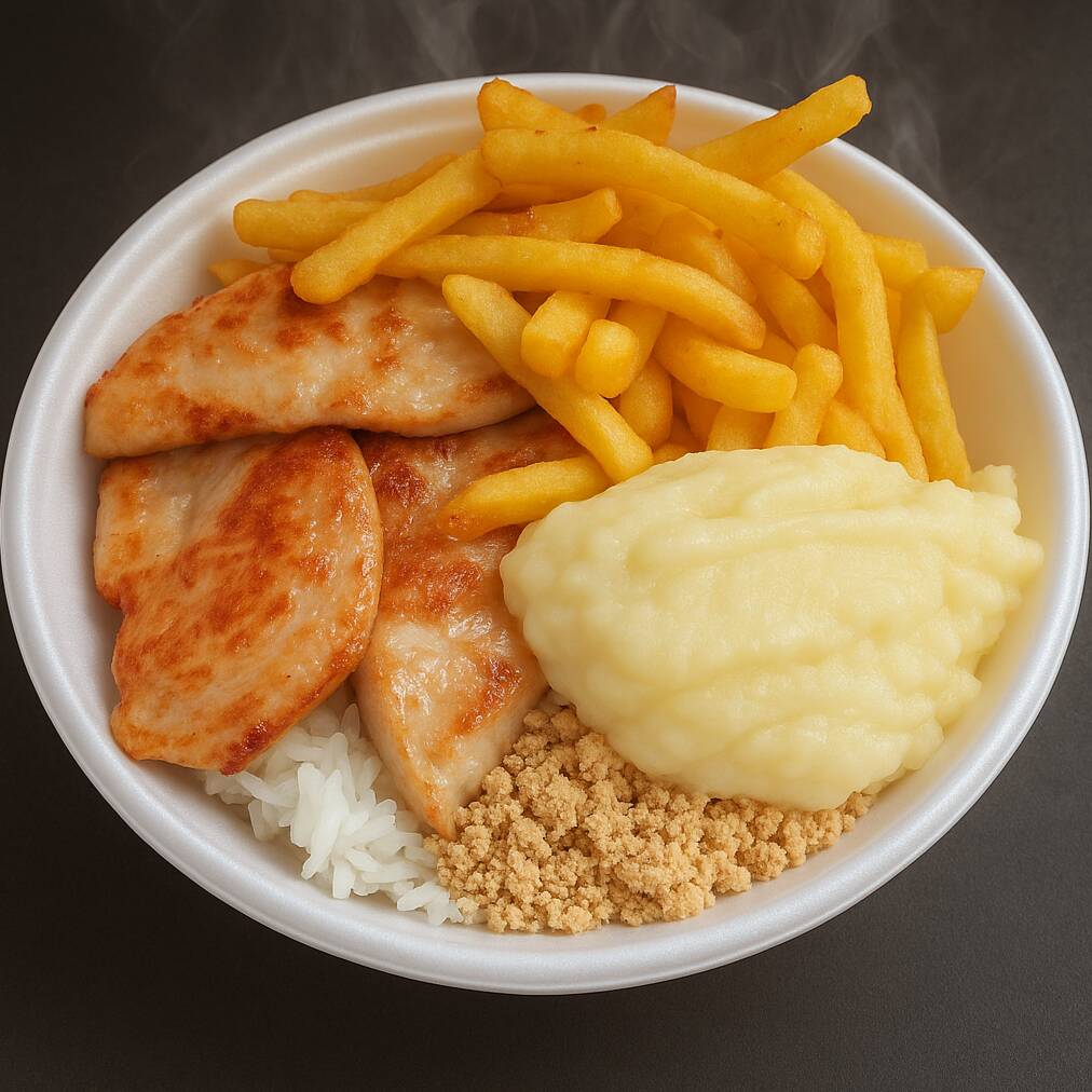 Acompanha arroz, feijão, farofa, batata frita ou purê de batata.