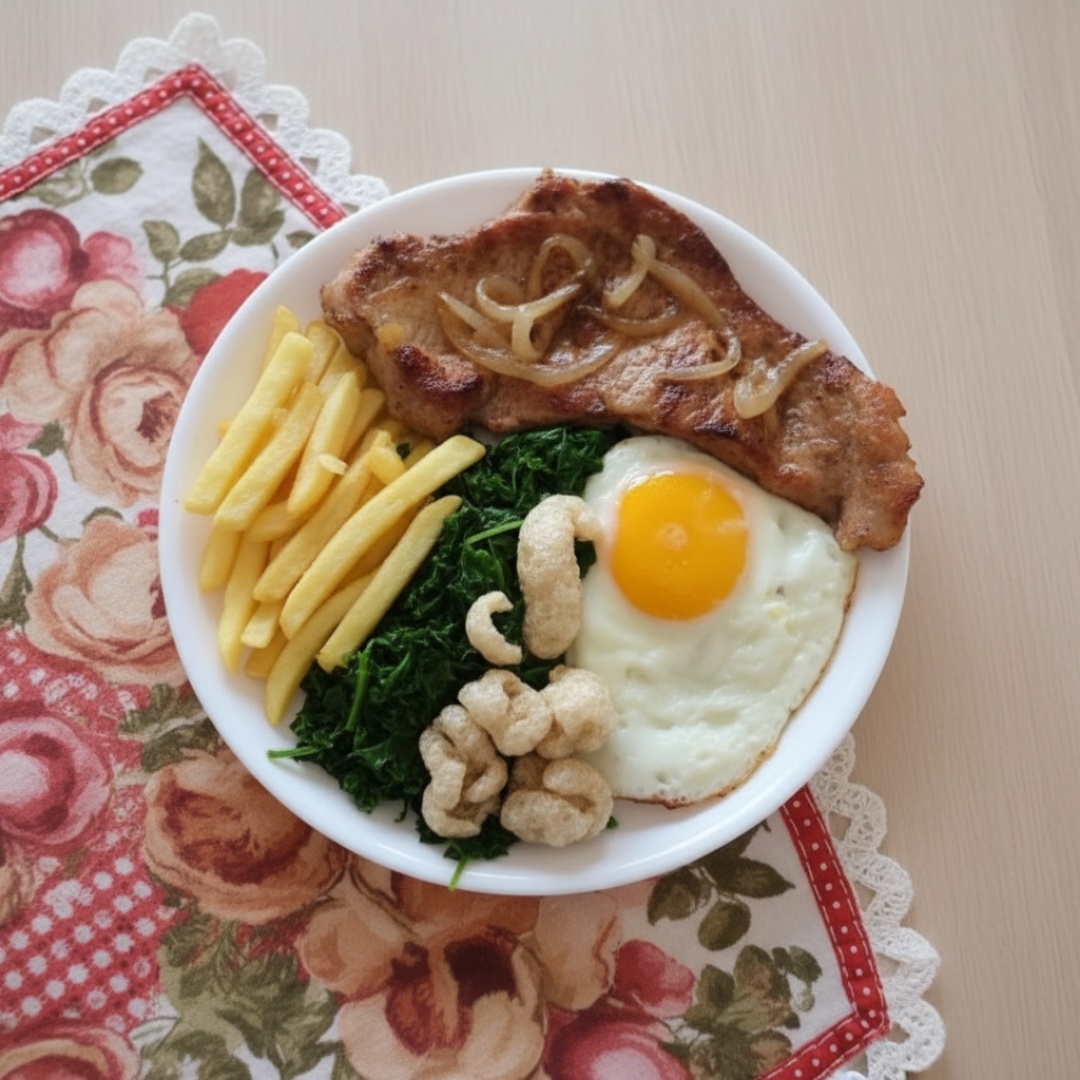 Arroz, tropeiro,ovo, torresmo,bife de pernil acebolado e salada mix (Marmitex pequena de 500 ml )