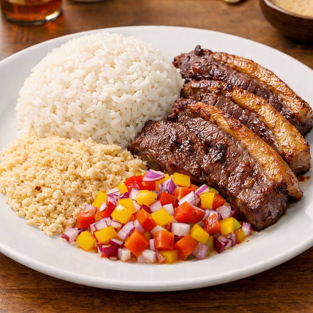 Arroz, farofa e vinagrete.