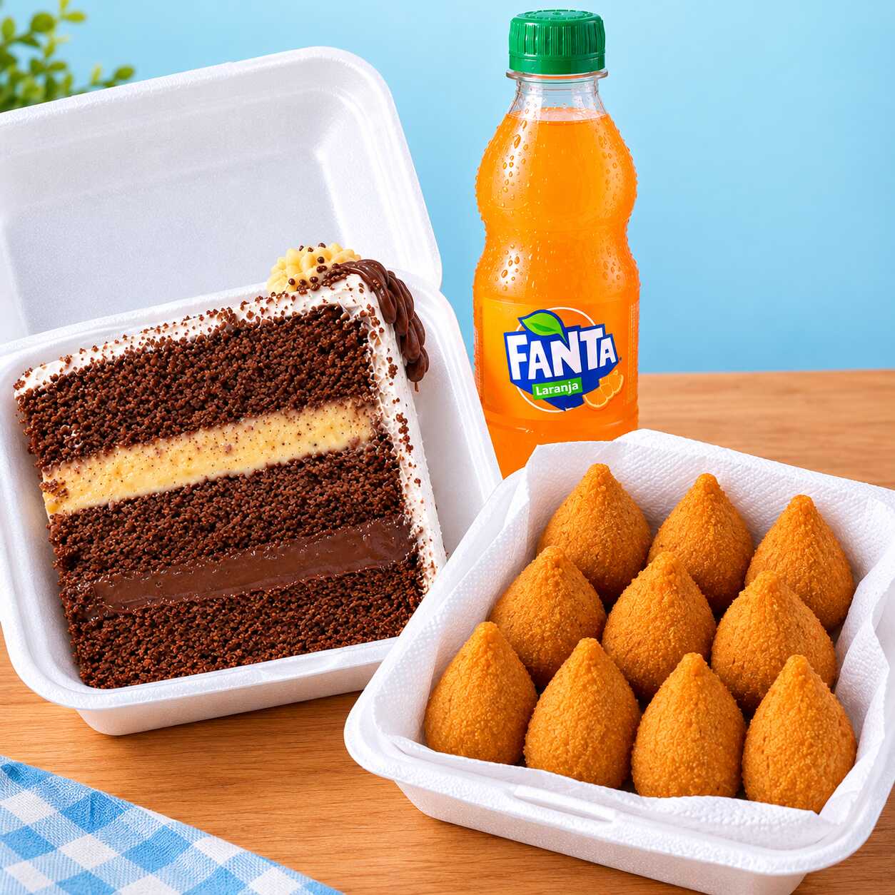 Fatia de bolo (Verificar qual está disponível no cardápio), 10 coxinhas de frango e ainda leva 1 refri 200ml.