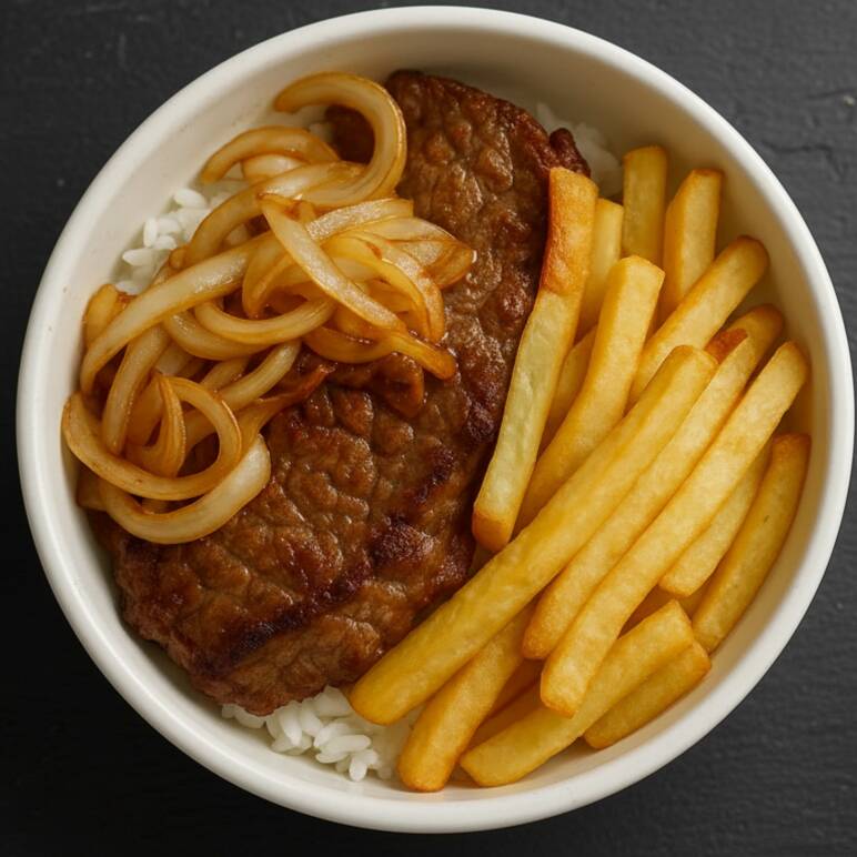Bife acebolado, arroz, feijão, refogado do dia, farofa (escolha: fritas ou purê)