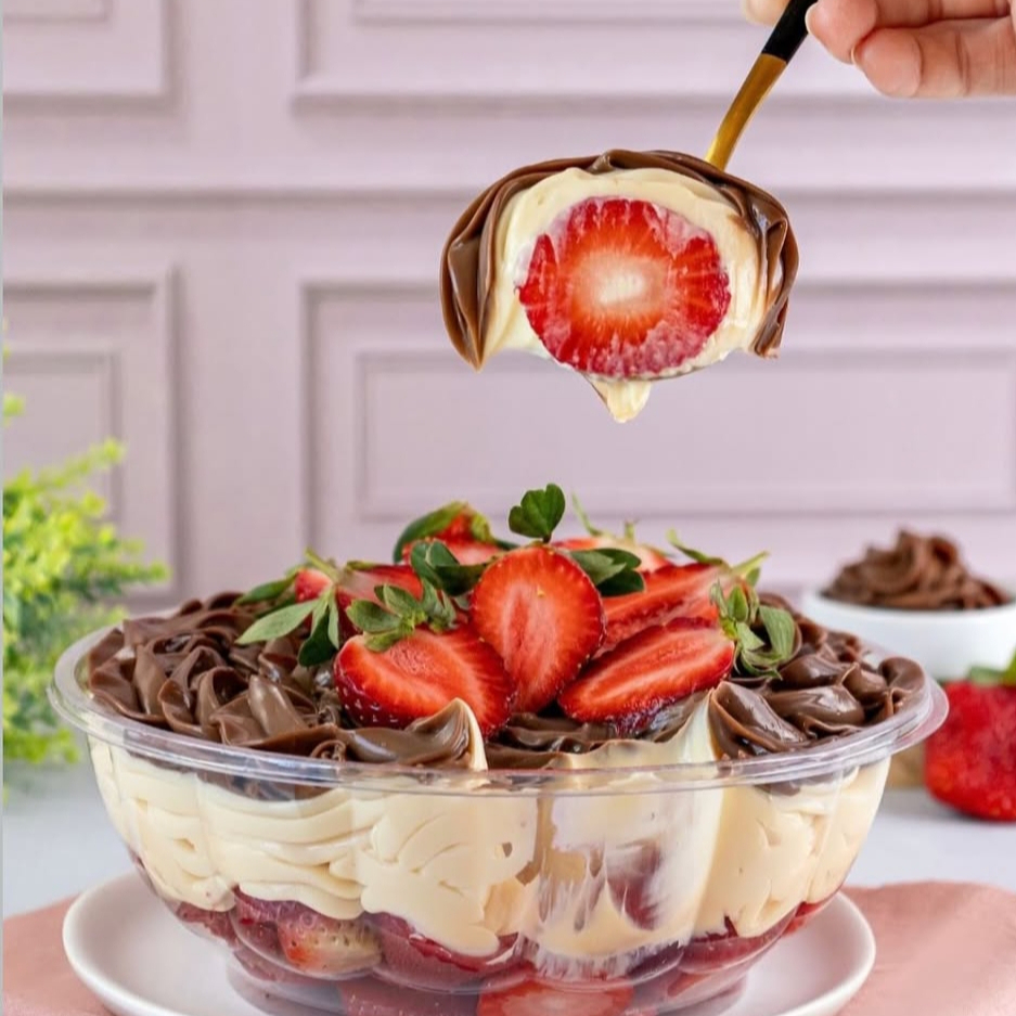 Morangos frescos,creme branco delicioso e suave e brigadeiro por cima