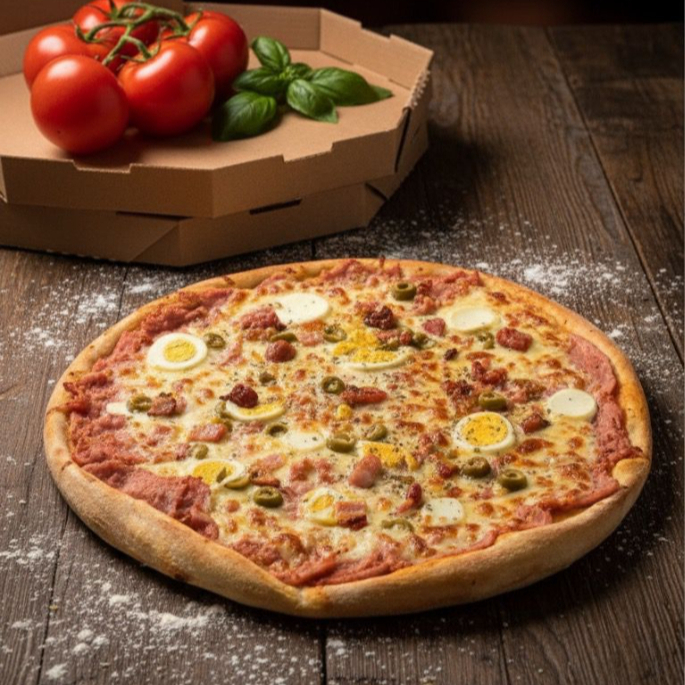 Massa tradicional, molho ao sugo, mussarela, presunto, bacon, azeitonar, ovo e orégano.