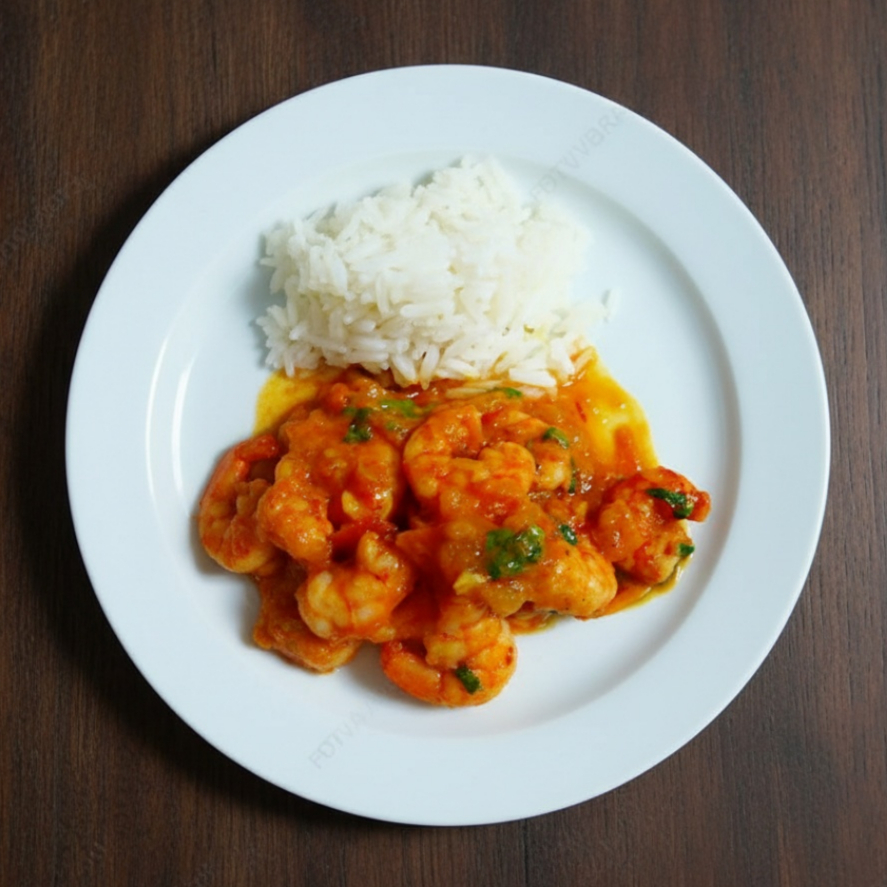 Camarões descascados na casa, cozidos e refogados no molho vermelho elaborado por nós, com leve pitada de pimenta. Acompanha arroz branco.