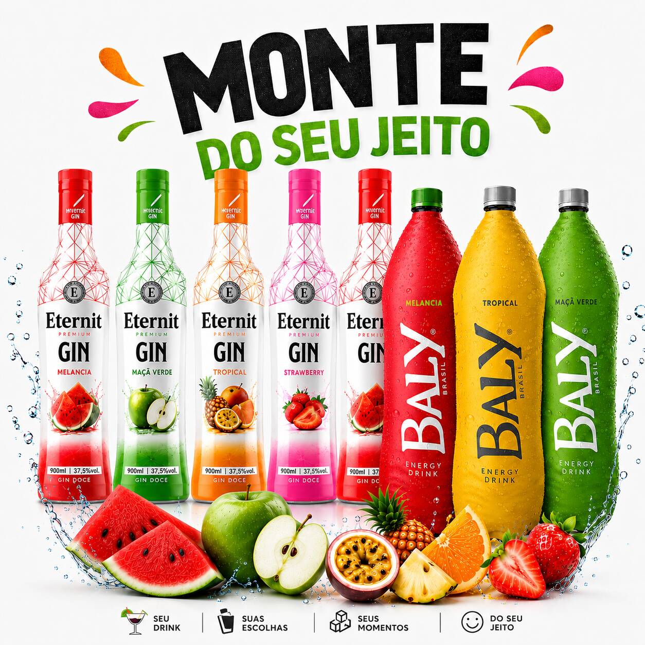 escolha até 5 gelos, 1 energético a sua escolha e uma garrafa 900 ml de gin do seu sabor favorito